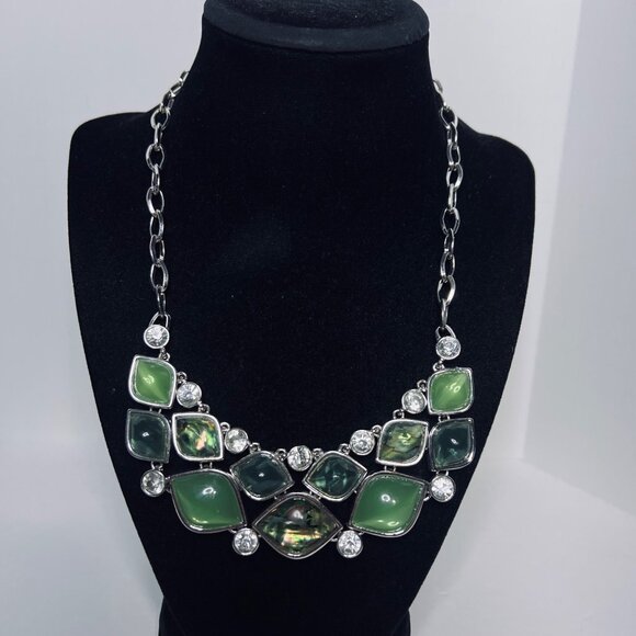 Dana Buchman Jewelry - Dana Buchman Silver Tone Bib Necklace With Green Cabochons (6126)